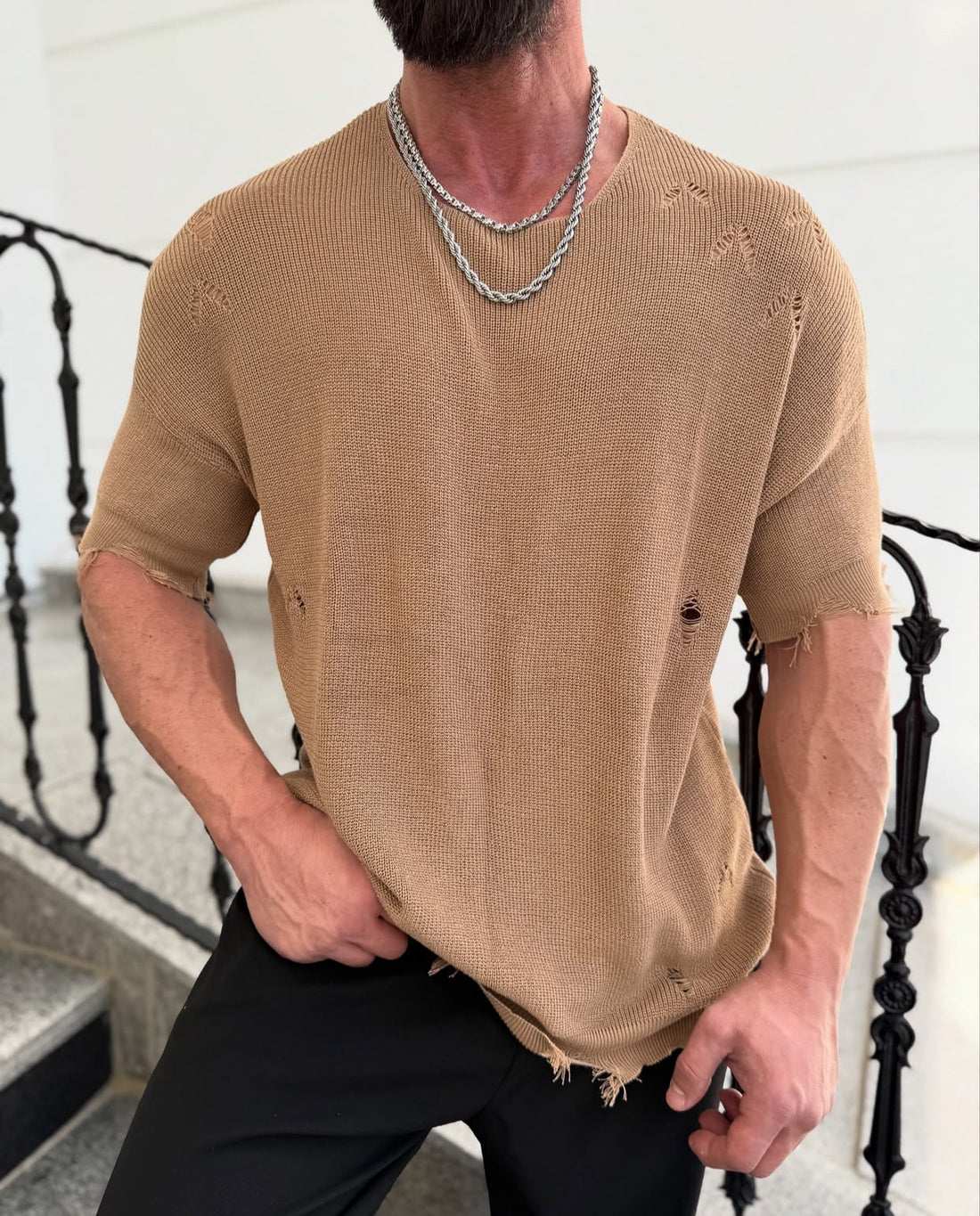 Cotton knitwear shirt - brown- 0026