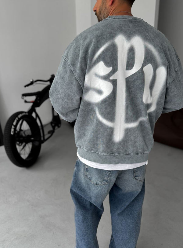 Washed spyware printed sweatshirt / Gray - (0056)