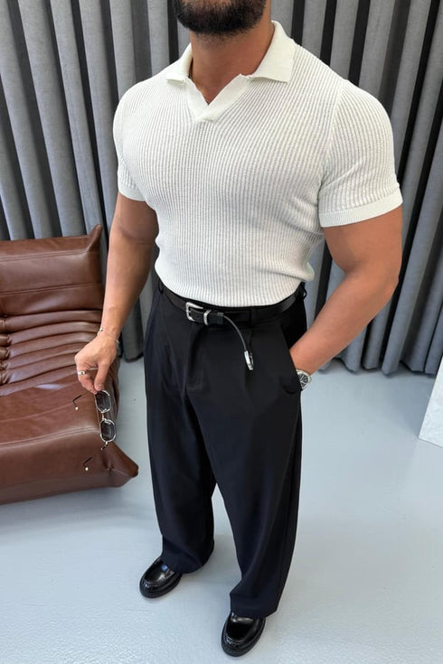 Slim fit Ribbed Knit Polo – white 0136