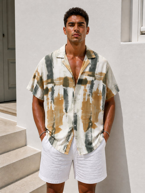 Abstract Brush Print Short Sleeve Shirt – Beige & Olive (0198)