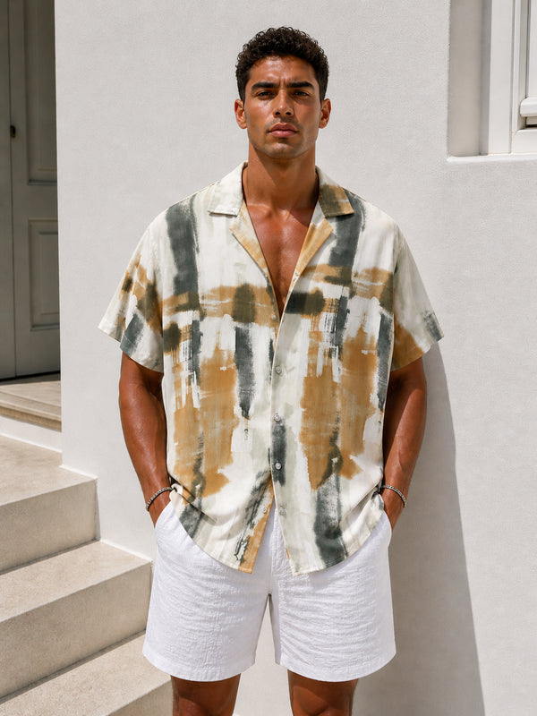 Abstract Brush Print Short Sleeve Shirt – Beige & Olive (0198)