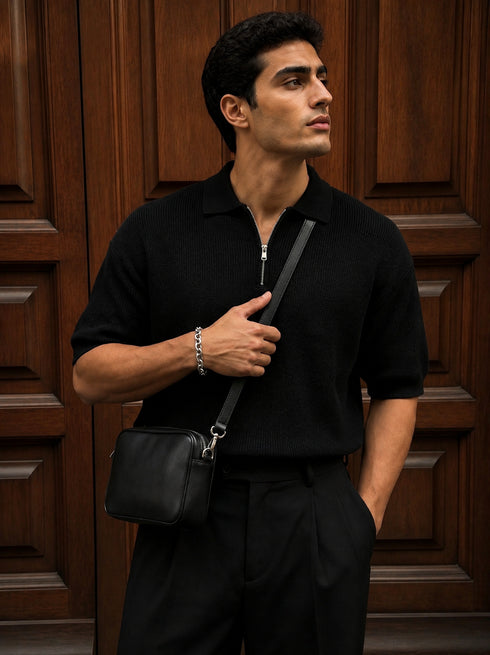 Textured Half-Zip Polo / black / (0160)