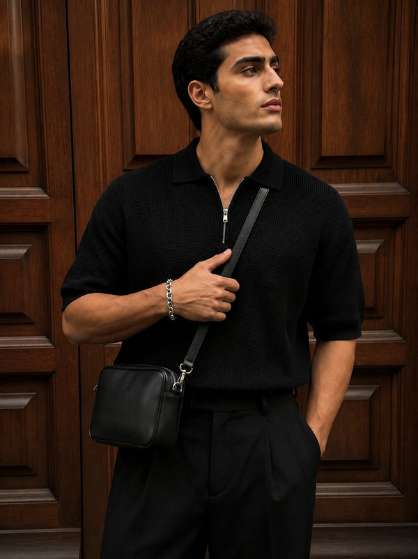 Textured Half-Zip Polo / black / (0160)