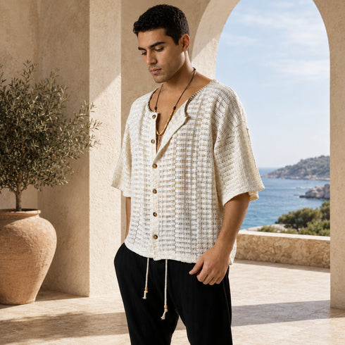 Textured Knit Button Shirt – Off White 0128