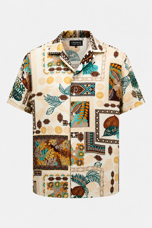 Beige Multi-Print Short Sleeve Shirt / (0196)