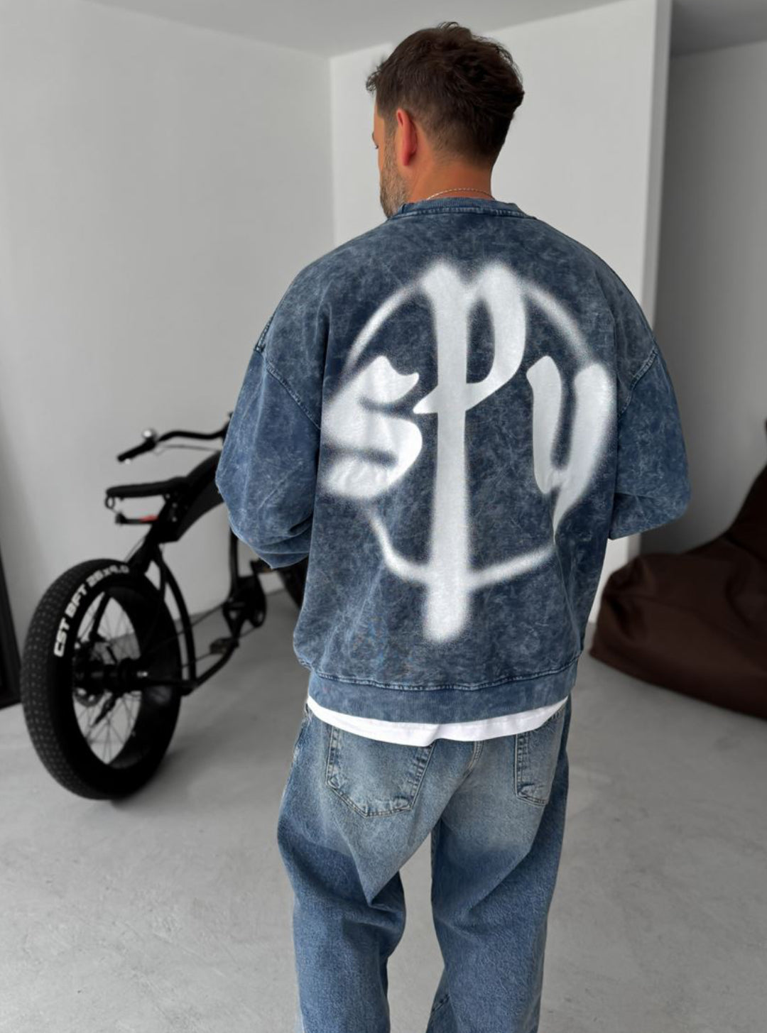 Washed spyware printed sweatshirt / navy blue  - 0056