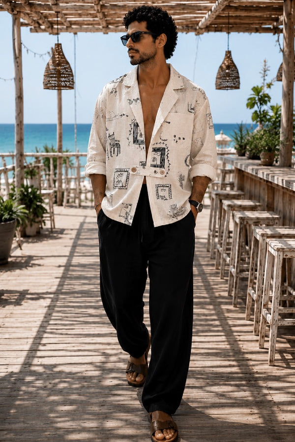 Printed Beige Linen Resort Shirt - (0262)