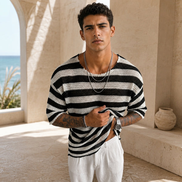 Black & White Open-Knit Striped T-shirt (0281)