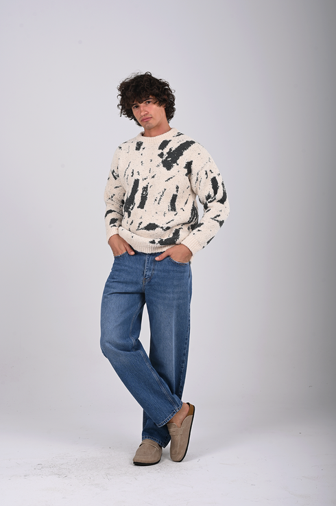 Abstract Knit Sweatshirt – Off White & Black (W-0306)