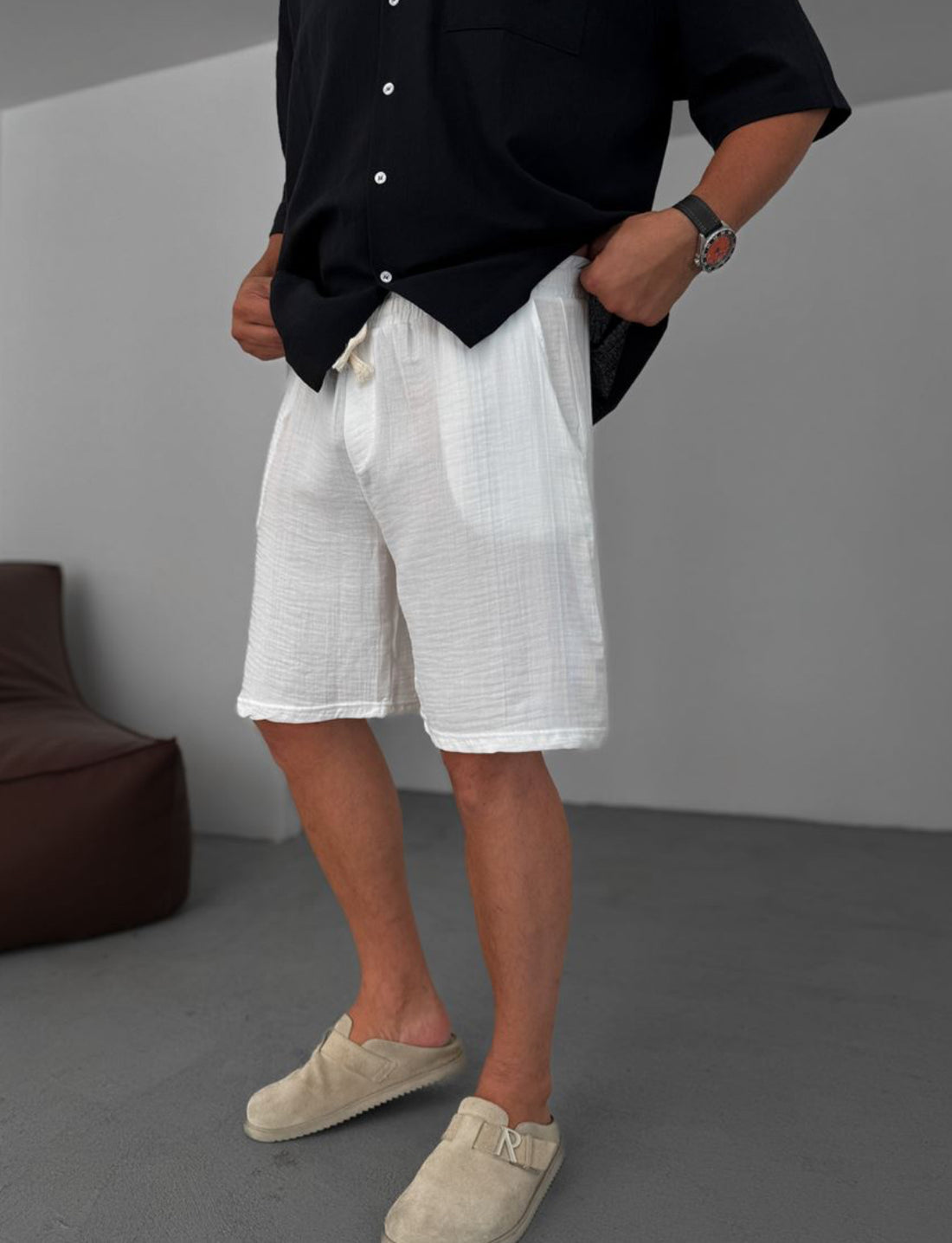 Muslin Fabric Linen Short - 002 - white