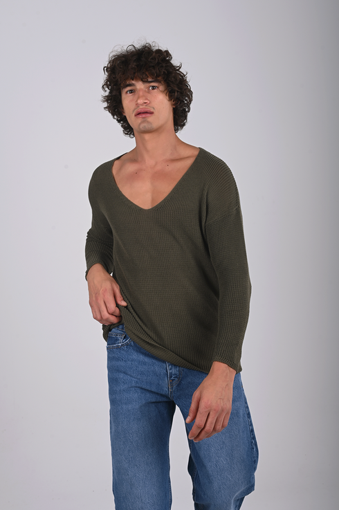 Textured V-Neck Knit Sweater - (W-0058)