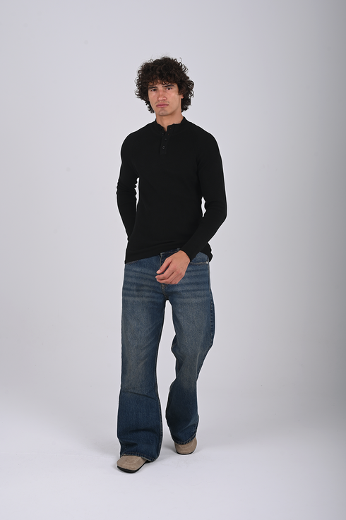 Ribbed Knit Henley Sweater -(W- 0323)
