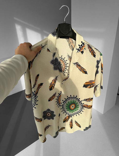 Boho Feather Print Shirt – Cream Edition / (0187)