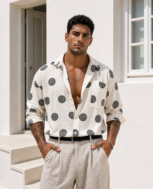 Printed Linen Shirt – Relaxed Fit - black (0183)