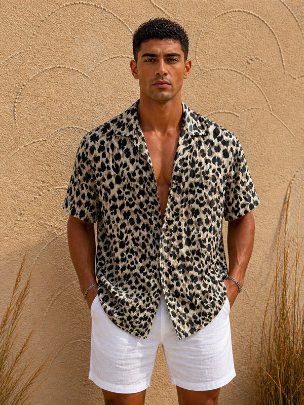 Beige Leopard Print Short Sleeve Shirt (0197)