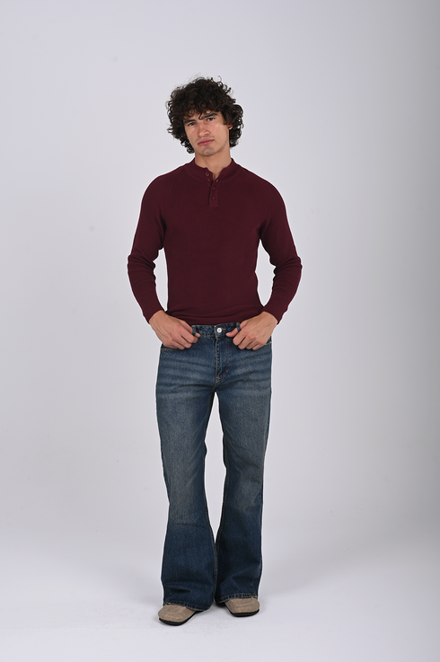 Ribbed Knit Henley Sweater -(W- 0323)