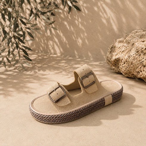 Suede Double-Buckle Sandals - (0211) / beige