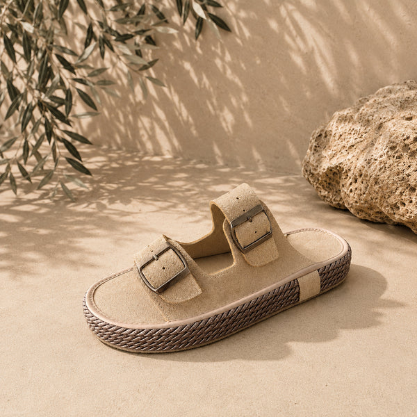 Suede Double-Buckle Sandals - (0211) / beige