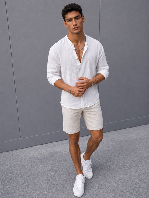 Premium Half-Placket Linen Shirt – White 0140