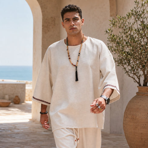 Oversized Linen Ethnic Top – Desert Taupe - 0134 beige