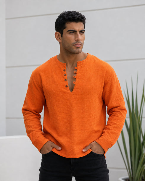 Linen Henley Shirt - (0163) / orange