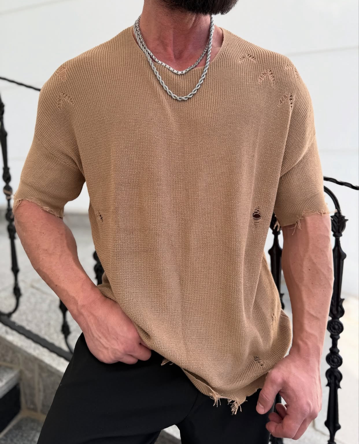 Cotton knitwear shirt - brown- 0026