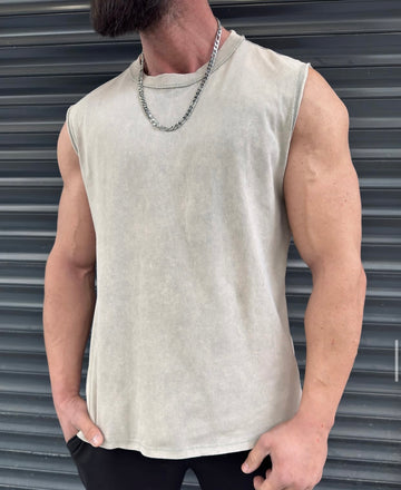 Washed sleeveless T-shirt-creamy  gray -0022