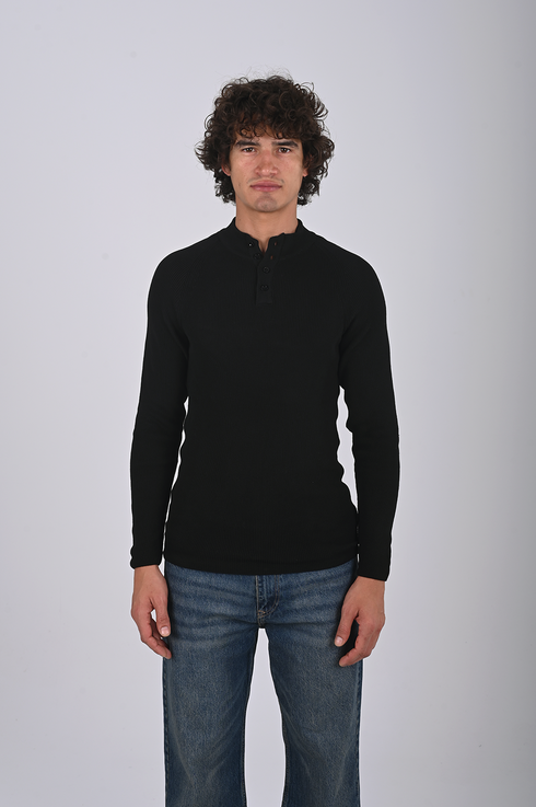 Ribbed Knit Henley Sweater -(W- 0323)