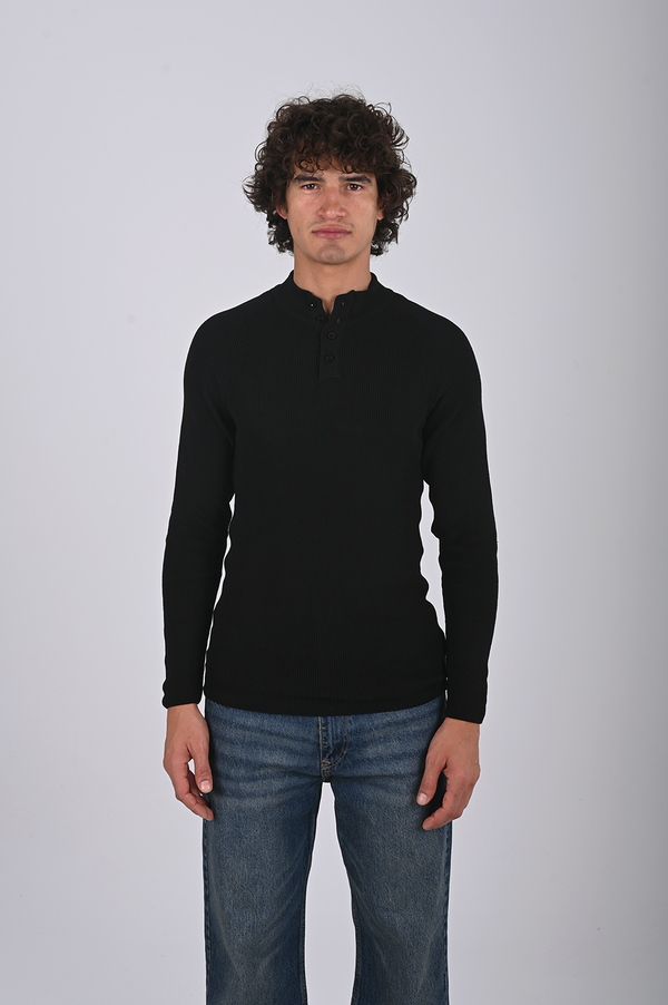 Ribbed Knit Henley Sweater -(W- 0323)