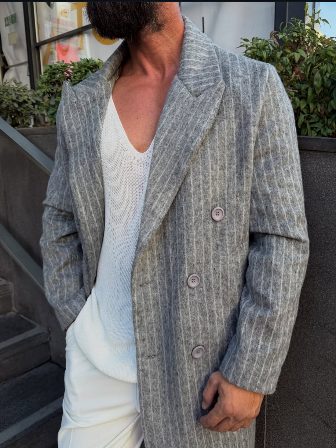 Textured water-repellent coat - light gray  0076