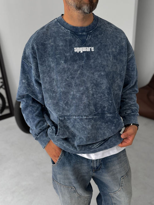 Washed spyware printed sweatshirt / navy blue - (0056)