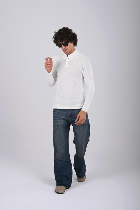 Ribbed Knit Henley Sweater -(W- 0323)