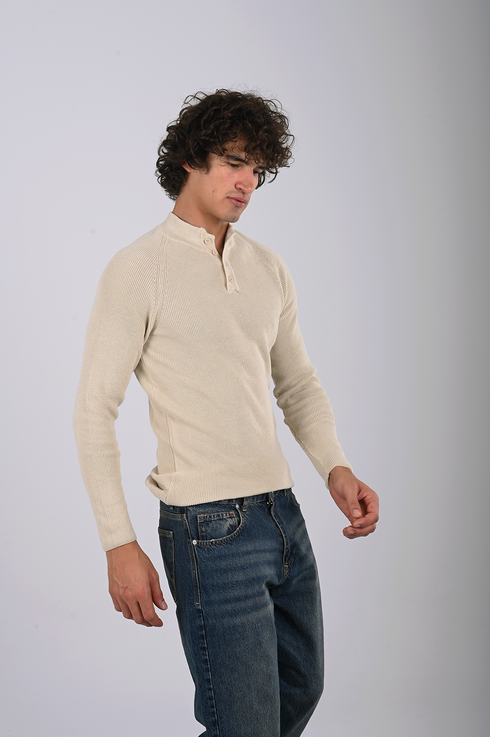 Ribbed Knit Henley Sweater -(W- 0323)