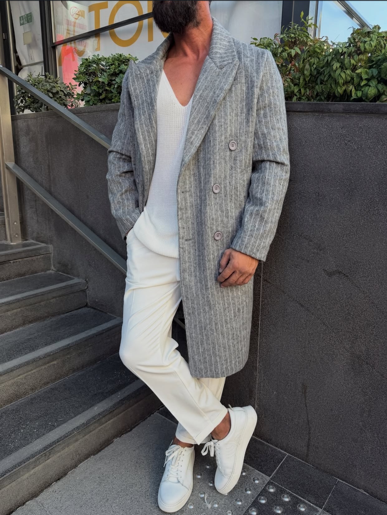 Textured water-repellent coat - light gray  0076