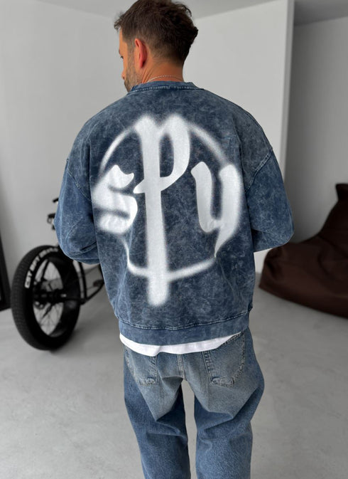 Washed spyware printed sweatshirt / navy blue - (0056)
