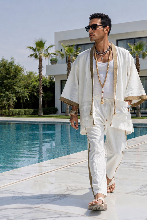 Premium Textured Kimono Set – Ivory White - (0200)