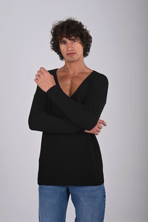 Textured V-Neck Knit Sweater - (W-0058)