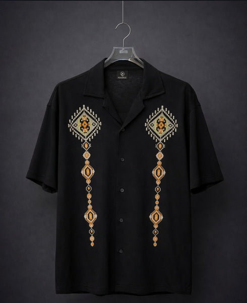 Premium Embroidered Short Sleeve Shirt – Black - (0177)