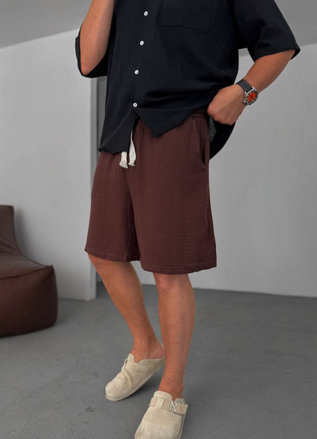 Muslin Fabric Linen Short - 002 - brown