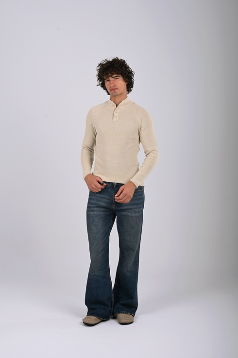 Ribbed Knit Henley Sweater -(W- 0323)