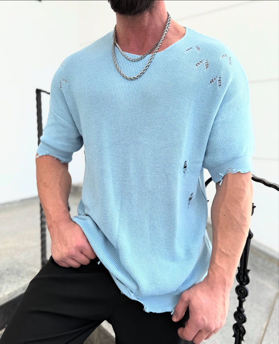 Cotton knitwear shirt - baby-blue - 0026