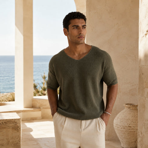 Ribbed V-Neck Knit T-Shirt -(0032)