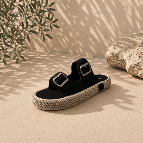 Suede Double-Buckle Sandals - (0211) / black