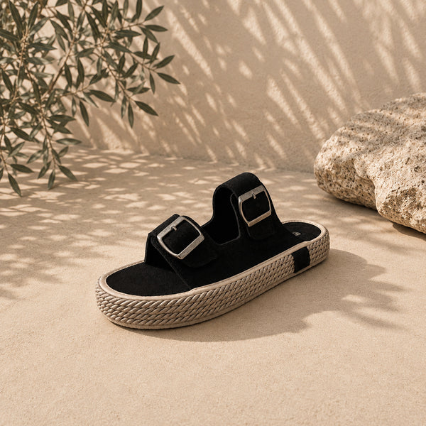 Suede Double-Buckle Sandals - (0211) / black