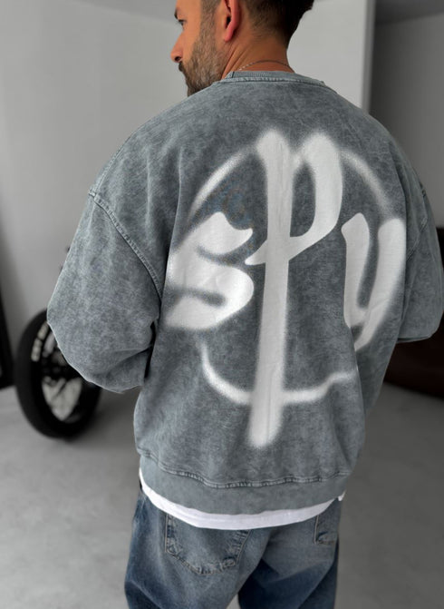 Washed spyware printed sweatshirt / Gray - (0056)