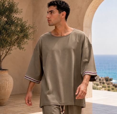 Oversized Linen Ethnic Top – Desert Taupe - 0134