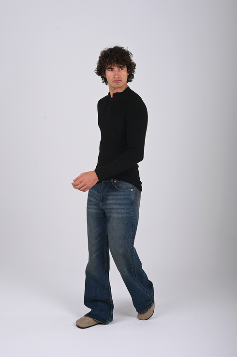 Ribbed Knit Henley Sweater -(W- 0323)