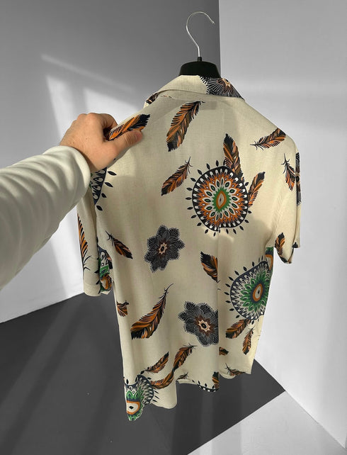 Boho Feather Print Shirt – Cream Edition / (0187)