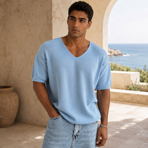 Ribbed V-Neck Knit T-Shirt -(0032)