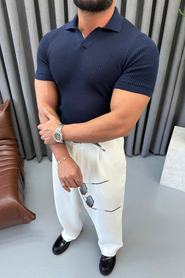Slim fit Ribbed Knit Polo – Navy blue  0136